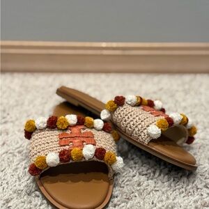 Tory Burch Everly Raffia Colorful Pom Pom Sandal